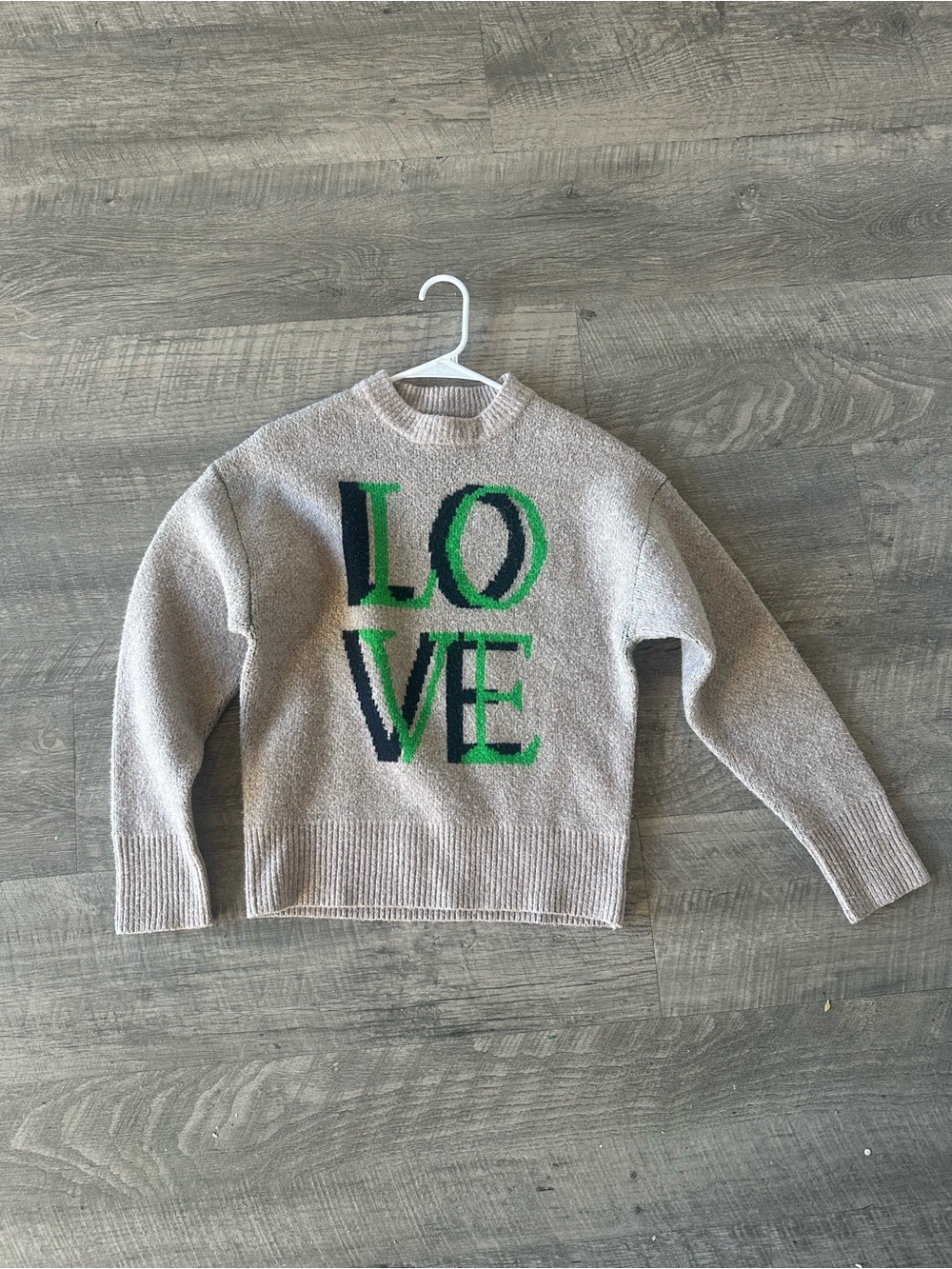 a new day Light Gray Crewneck Sweater with Green and Navy LOVE Graphic